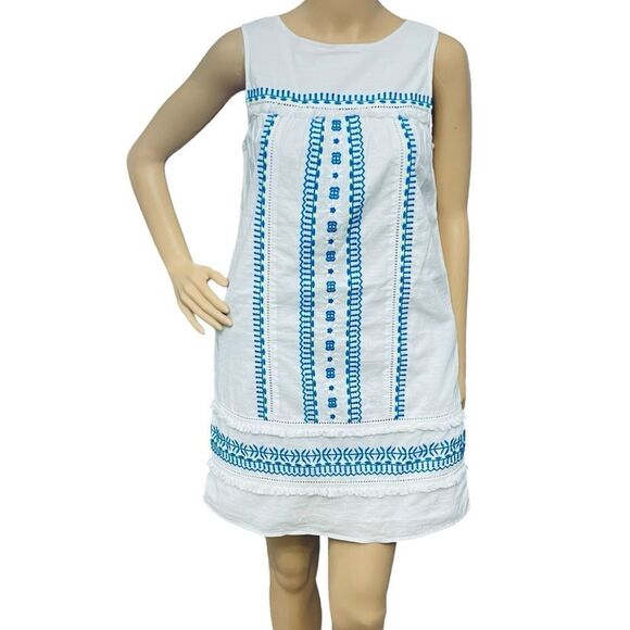 Vineyard Vines Dress White Blue Embroidered Tunic Shift Sleeveless Full/Lining 0 - Picture 1 of 11